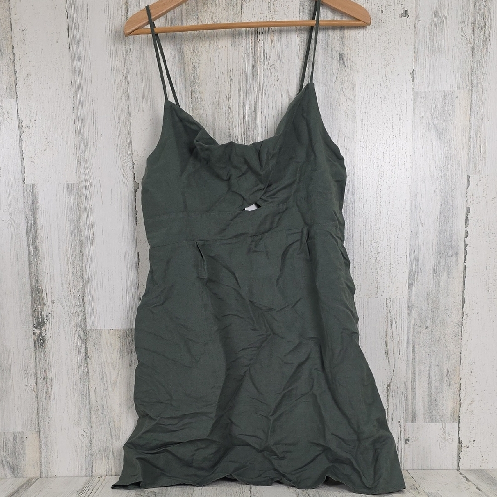 LOFT Olive Green Linen Blend Spaghetti Strap Mini Sundress Size 14 NEW